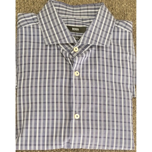 Hugo Boss Men's Blue Plaid Slim Fit Stretch Dress Shirt Size 16.5 Italian Fabric